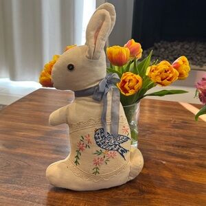 Vintage Canvas Bunny Standing 14” EMBROIDERED Bird Flowers 1987 Hand Crafted